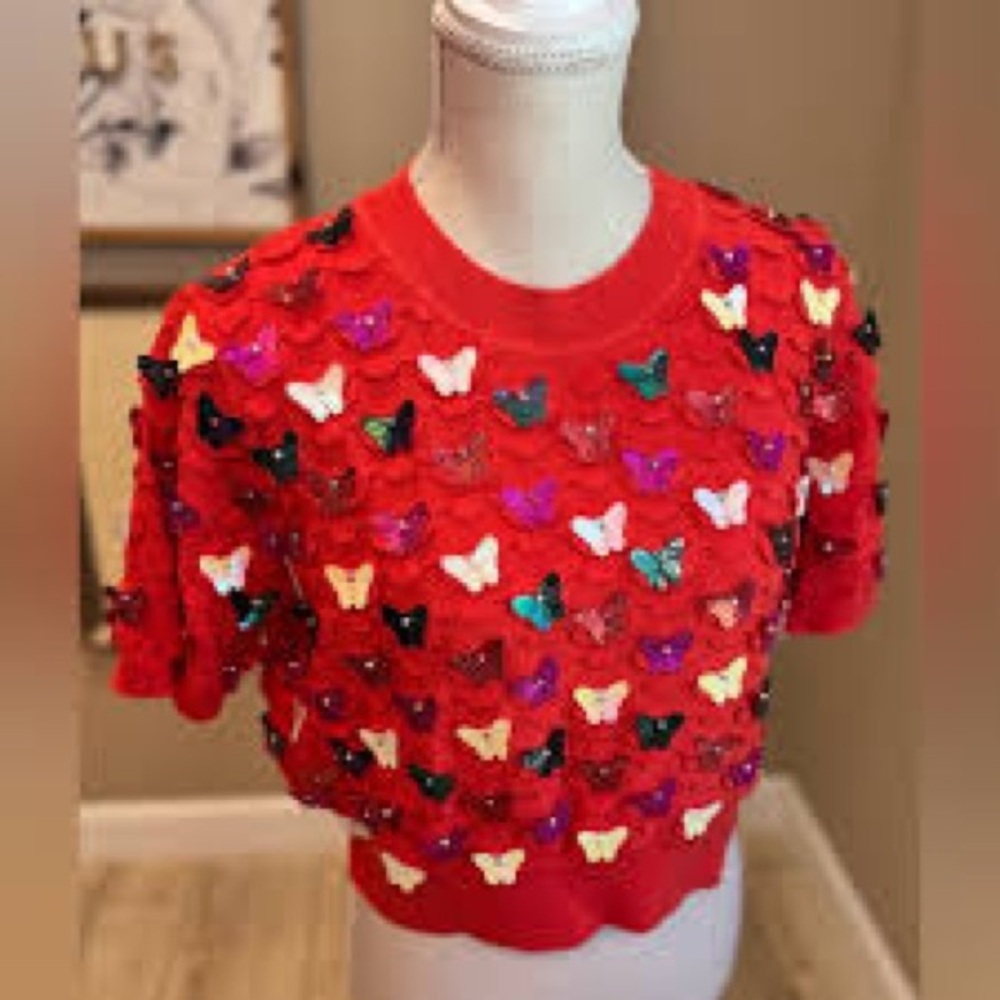 QUEEN OF SPARKLES Red Butterfly Sequin Sweater